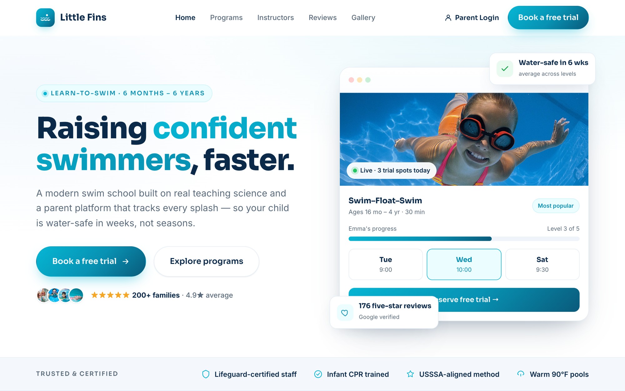 Your new swim school website, open the live sample